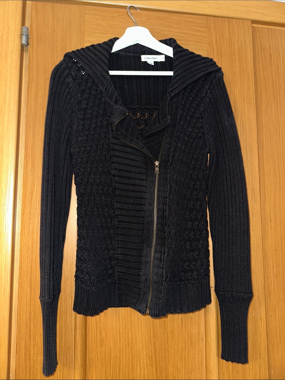 Calvin Klein Black Textured Hooded Zip Cardigan